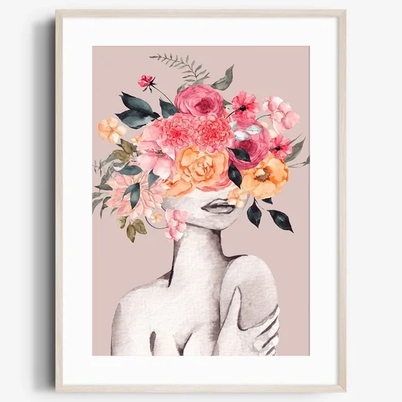 Watercolor Floral Woman Portrait Wall Art Illustration Print Poster Unframed - Picture 1 of 7